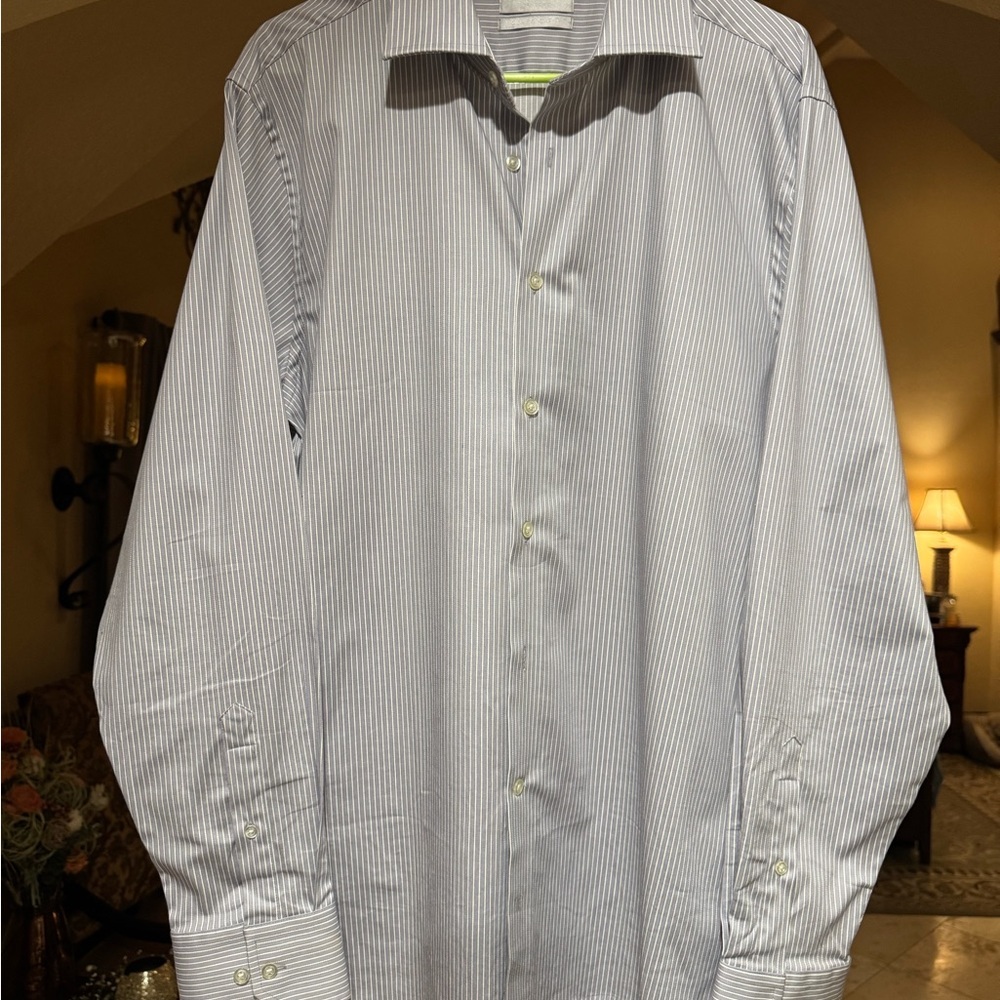 Hickey Freeman White Dress Shirt with Light Blue Pinstripes